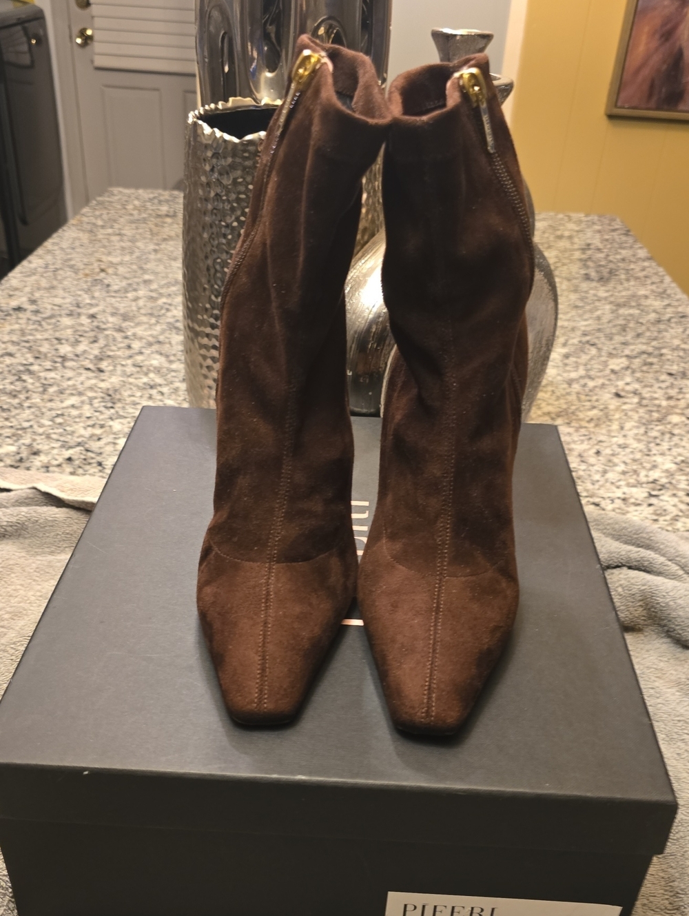 Brown Suede Pointed Toe Ankle Booties with Back Zip
